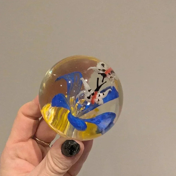 Czech Handcrafted Glass Paperweight with Blue and Yellow Design - Picture 8 of 10